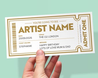 Personalised Concert Ticket Reveal | Custom Birthday Reveal Gift | Fake Event Ticket Gift for Music Theatre Lover