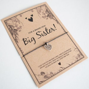 New Big Sister Gift, Wish Bracelet, Big Sister Bracelet, Gift for Little Girl, Sister Gift, Heart Charm Bracelet, Kraft Card