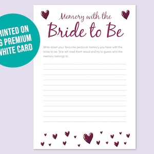 Hen Party Games | Memory of the Bride Game Cards | Bride to be Hen Night Games | Bridal Party Funny Hen Game Hen | HPG001