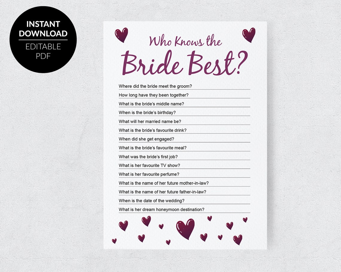 Bachelorette Printable Who Knows the Bride Best Bride Quiz | Etsy UK