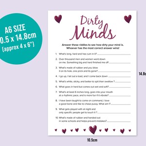 May include: A printable game card with the title "Dirty Minds" and ten riddles with blank lines for answers. The card is decorated with small red hearts.