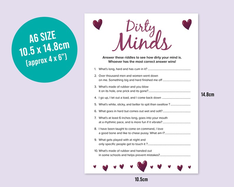 May include: A printable game card with the title "Dirty Minds" and ten riddles with blank lines for answers. The card is decorated with small red hearts.