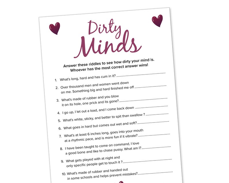 May include: A printable game card with the title "Dirty Minds" and ten riddles with blank lines for answers. The card has a pink heart at the top and bottom.