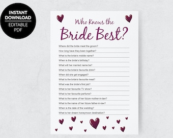 Who Knows The Bride Best Template, Editable, Hen Party Games, Bachelorette Hen Party Games, PDF Instant Download
