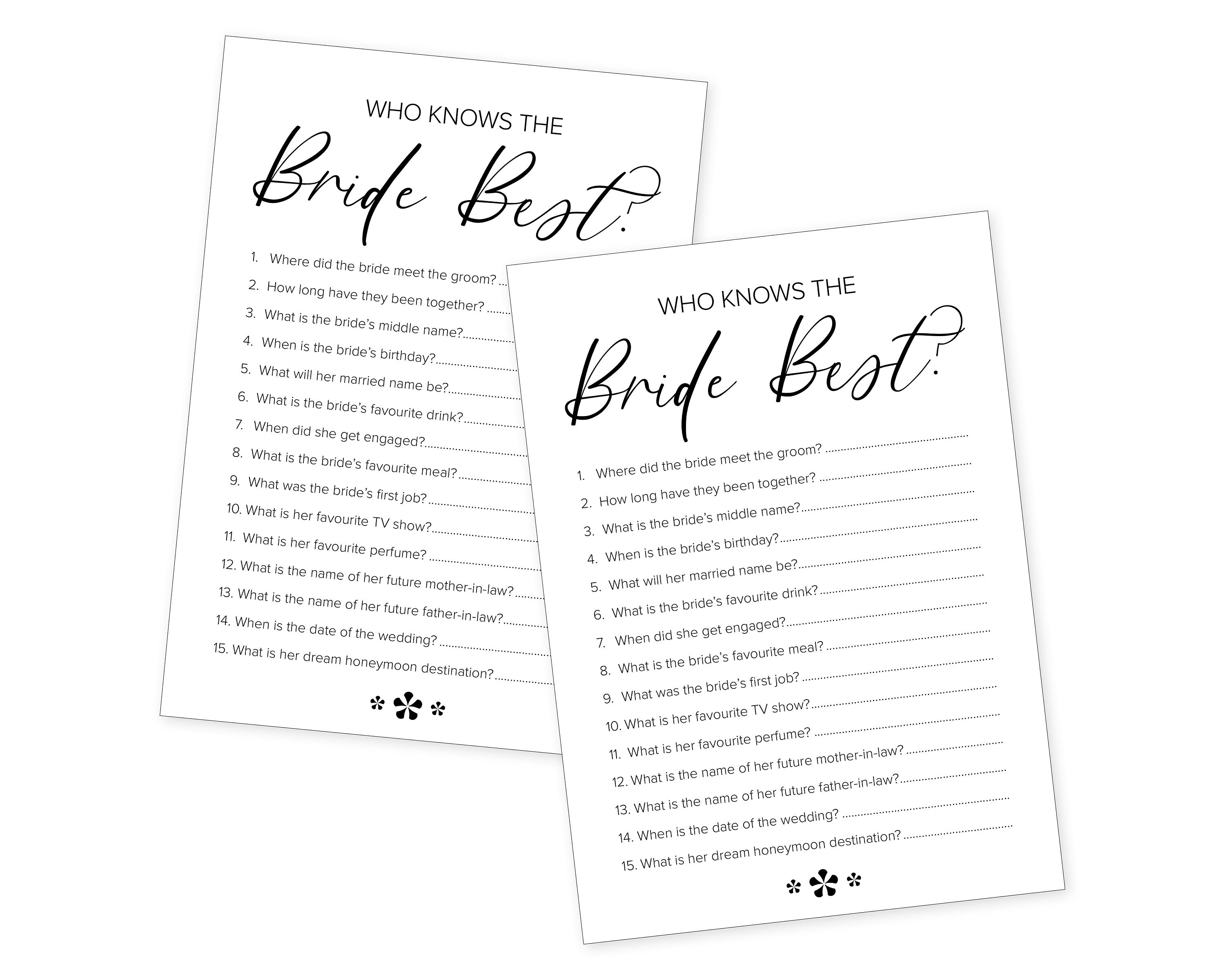 Hen Party Games Who Knows the Bride Best Cards Bridal Shower Etsy UK