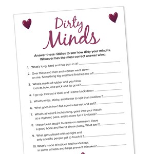 May include: A printable game card with the title "Dirty Minds" and ten riddles with blank lines for answers. The card has a pink heart at the top and bottom.