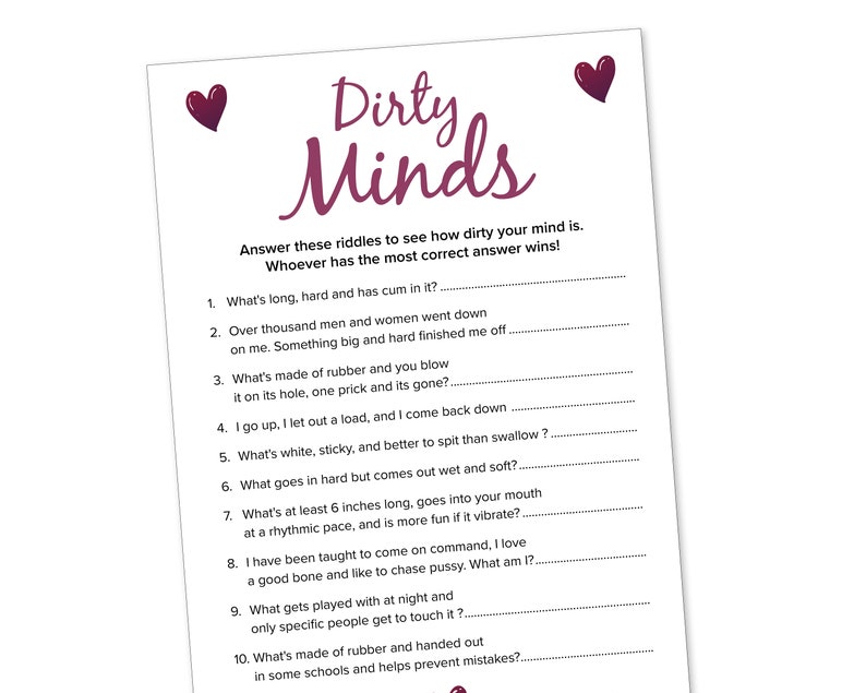 May include: A printable game card with the title "Dirty Minds" and ten riddles with blank lines for answers. The card has a pink heart at the top and bottom.