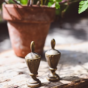 May include: Two antique brass decorative urns with a detailed design, each with a lid and a pedestal base. The urns are set on a weathered wooden surface, with a terracotta pot and greenery in the background.
