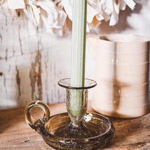 Vintage Handmade Glass Chamberstick Candle Holder - Antique Smoke Glass Candle Holder with Handle