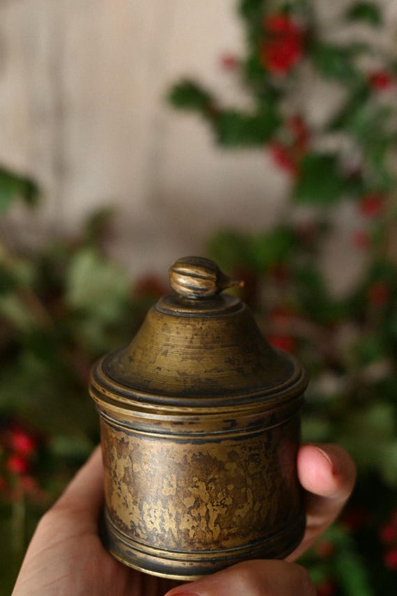 Handmade Turned Brass Lidded Box, Antique Patina, Bud Finial, Small Trinket Canister