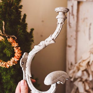 Antique French Cast Iron Wall Hook - Chippy White Patina Coat Hanger 24cm - Vintage Farmhouse Bathroom Towel Hook