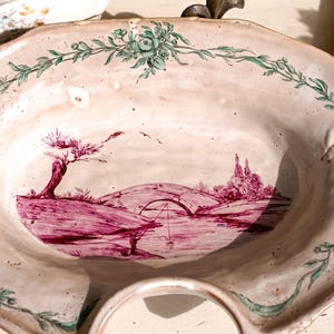 Antique Maiolica Barber Oval Dish, 18th Century — Manganese Landscape, Green Floral Border