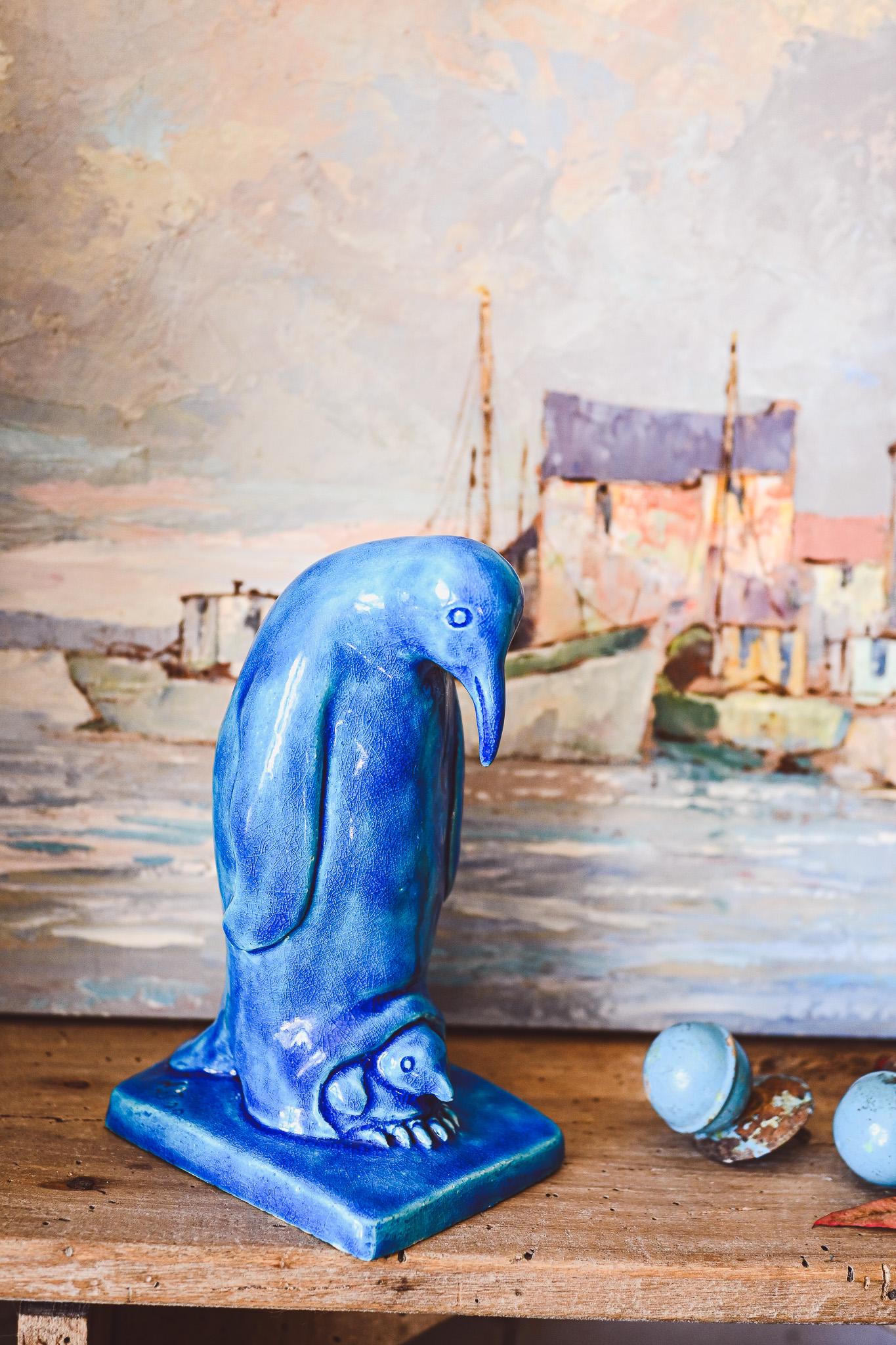 Vintage Blue Ceramic Penguin Figurine - Art Pottery Statue 18cm