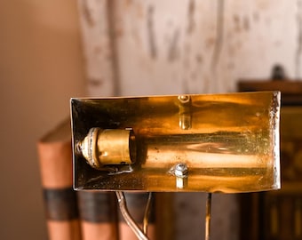 Antique Brass & Teak Bookcase Reading Lamp | Clip-On Clamp Light | Needs Rewiring | Industrial Library Lamp