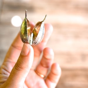 Könnte beinhalten: Ein kleines, silberfarbenes Metallmedaillon in Form einer Samenkapsel mit einer texturierten, gerippten Außenfläche. Das Medaillon ist geöffnet und zeigt zwei hohle, konkave Hälften mit metallischem Finish sowie zwei dünne, vertikale Stiele.
