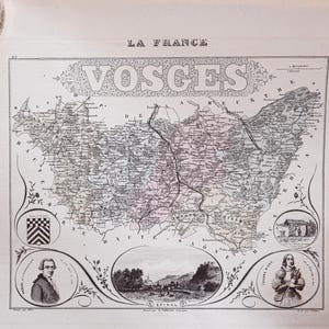 May include: A vintage map of the Vosges region of France, with the title "La France Vosces" printed at the top. The map is in black and white and shows the region's rivers, towns, and other geographical features.