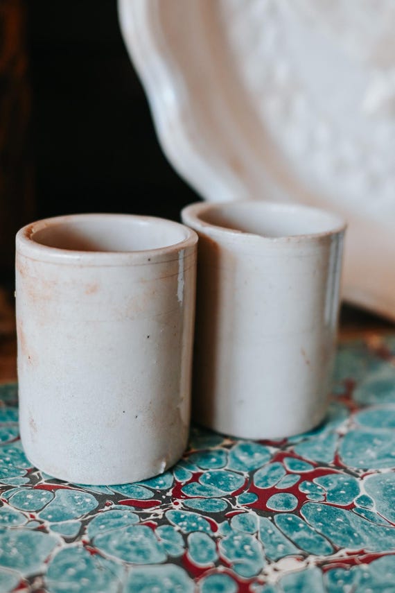 Antique Pharmacy Ceramic Pots Pair Apothecary Jars Vintage White Stoneware French Italian
