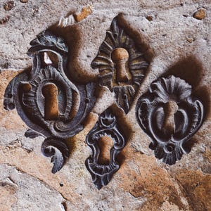May include: Four antique keyhole covers, each with a different ornate design, are mounted on a textured, tan and brown surface. The keyhole covers are made of dark metal and feature intricate patterns.