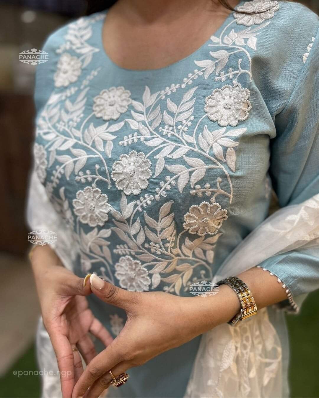 Linen Kurta Pant Dupatta Set with Embroidery and Scalloped Detailing for Women