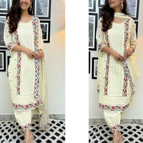 Premium Chicken Shifli Baumwollstoff Kurti mit handbedrucktem Kurti und Afgaani-Hose und Mulmul Dupatta aus sehr feiner Baumwollqualität