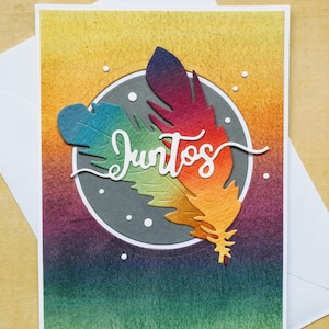 Cartolina di auguri d'amore, insieme, San Valentino fatta a mano con piume in rilievo su carta acquerello arcobaleno