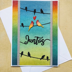 Cartolina di auguri amore, insieme, innamorati, San Valentino fatto a mano con uccelli sbalzati su carta acquerellata