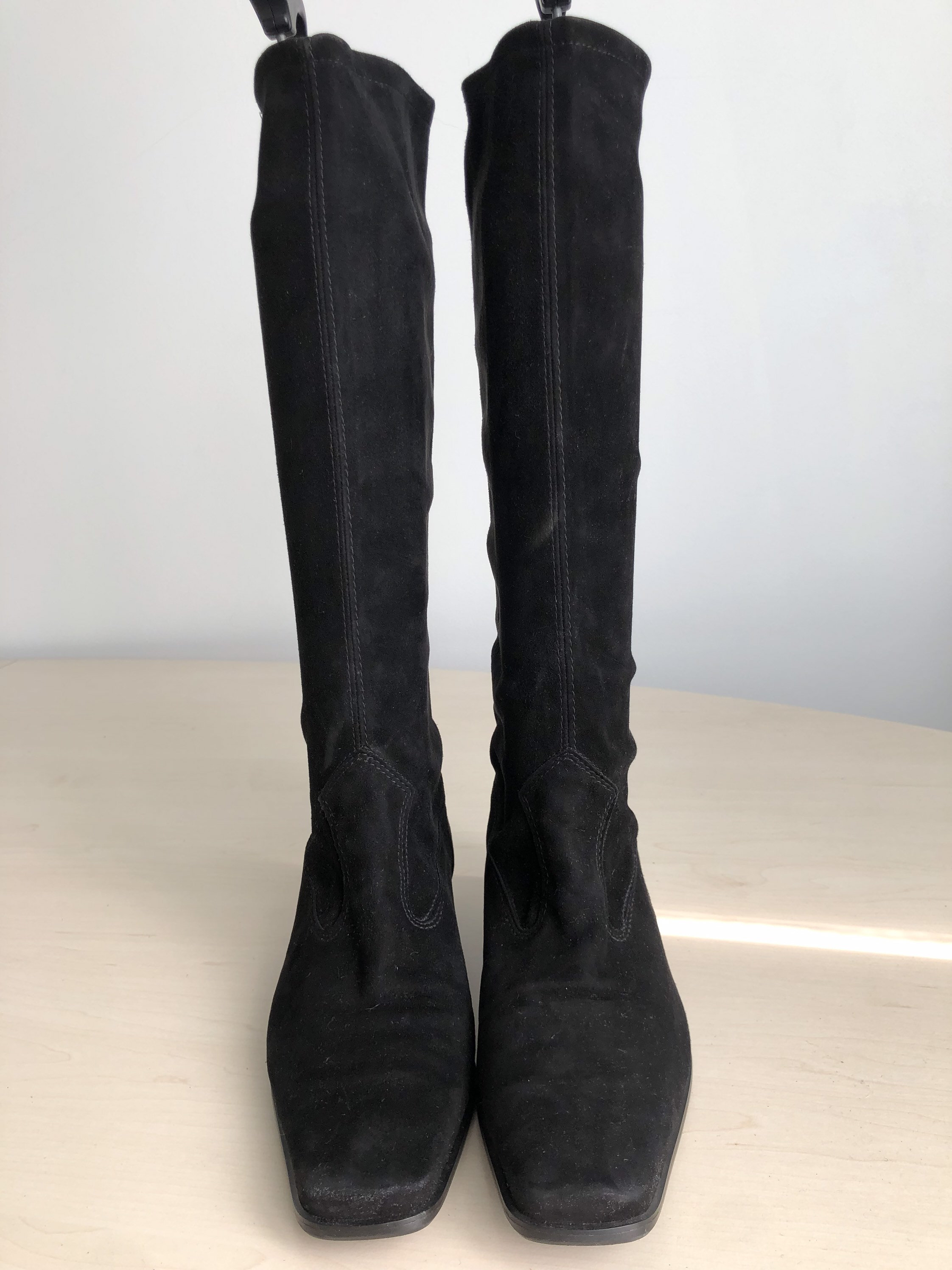 90s Vintage Black Suede Sock Boots Peter Kaiser Square Toe Black