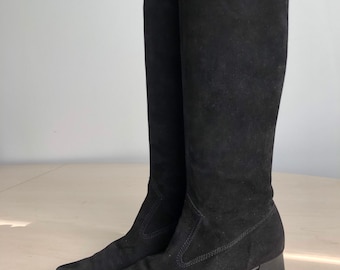 90s vintage black suede sock boots Peter Kaiser Square toe black long boots size 5UK 38 EU classic long boots real suede leather
