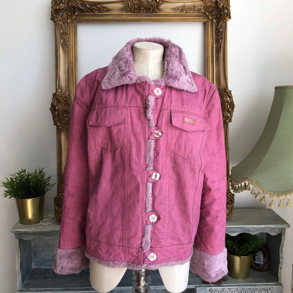 Veste effet denim ciré rose vintage des années 90 Enita sz M Veste barbie bratz rose des années 90 poignets et garniture de col en fourrure violet pastel