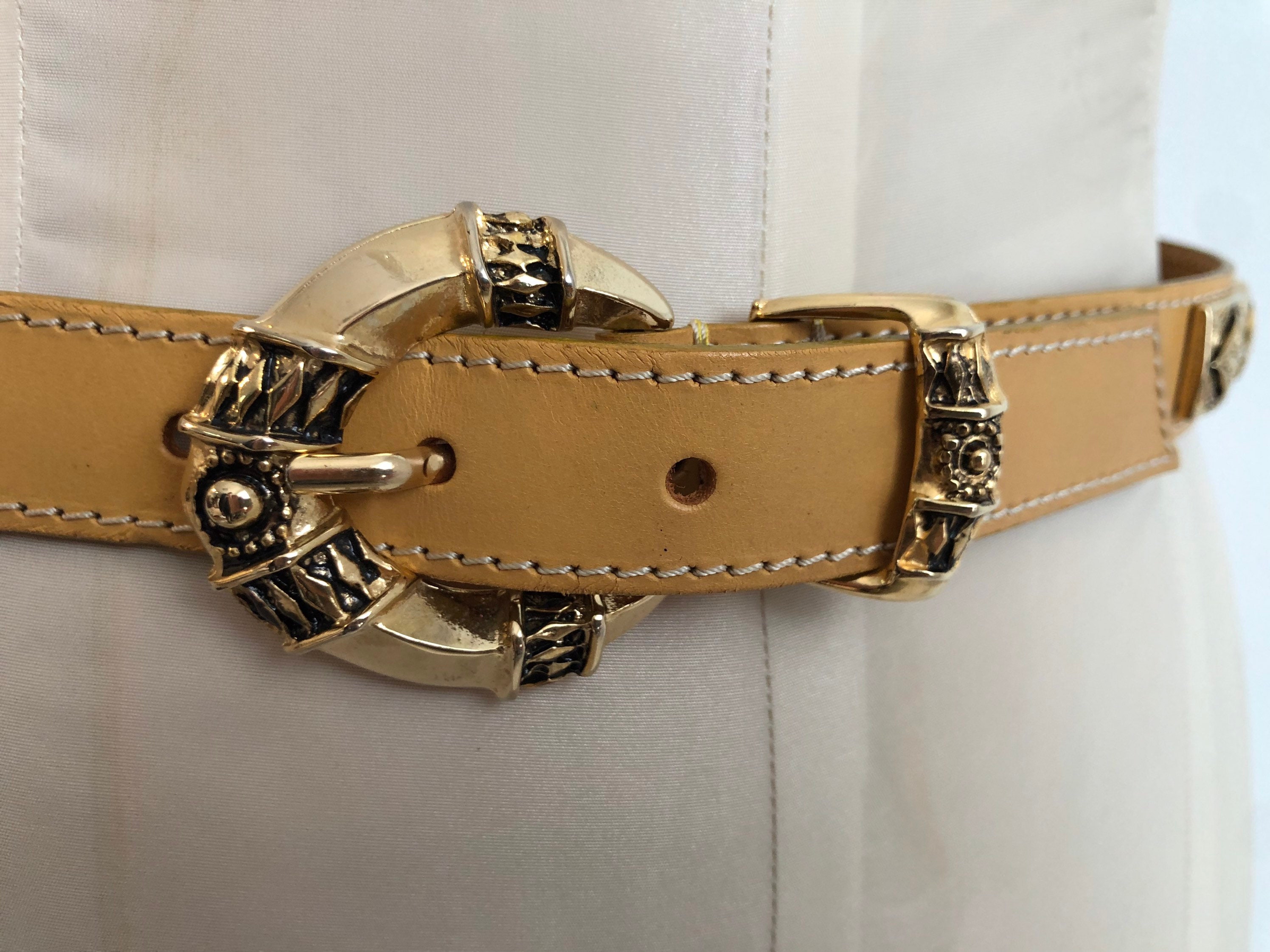 Vintage Gold And Amber Large Buckle Belt Golden Western Antique Gold Floral Engraved Buckle Genuine  main image 2