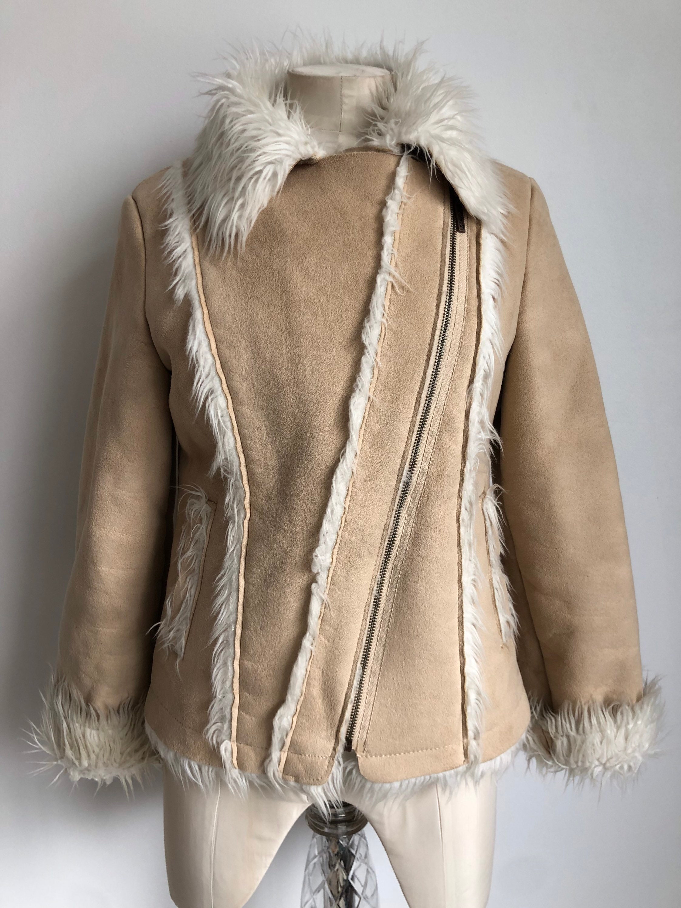 Y2K Vegan Cream Beige Suede Leather and Fur Jacket From MEXX Sz L