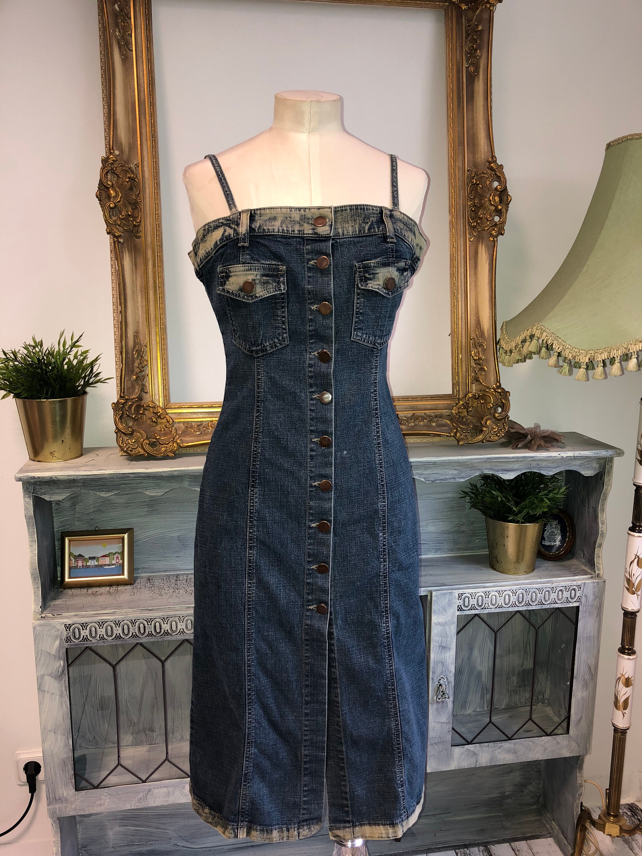 90s Jeans Dress, Vintage Denim Midi Dress, Square Neck