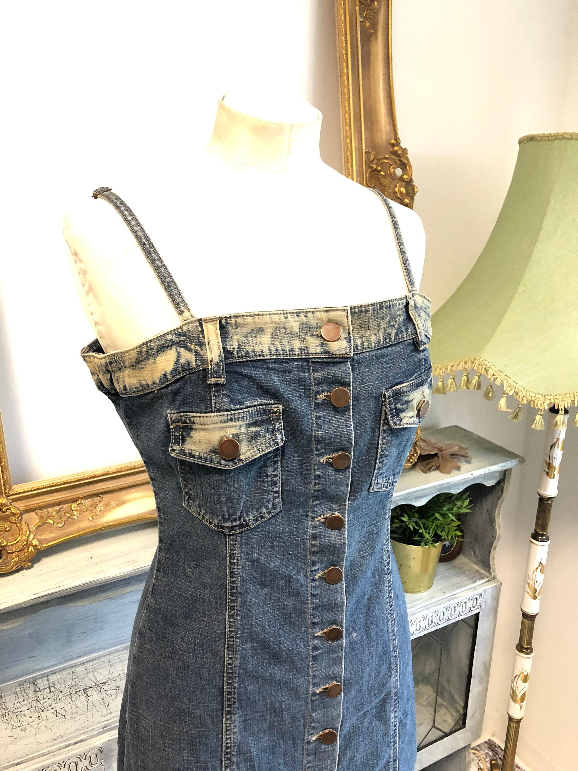 90s Vintage Denim Midi Dress Square Neck Camisole Dress Inscene