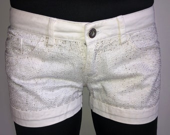 Vintage white mini shorts, low waist y2k shorts, sequinned vtg shorts hot pants / size S