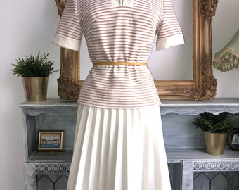 Vintage 60s 70s sailor dress sz M/L cream beige nautical dress
