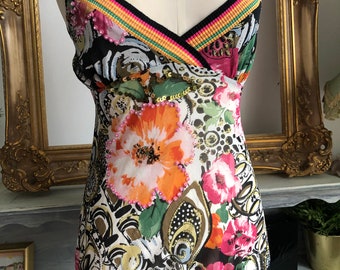 Vintage Sheer romantic top, Danza vibrant mix colour camisole blouse Sz 1, fit S