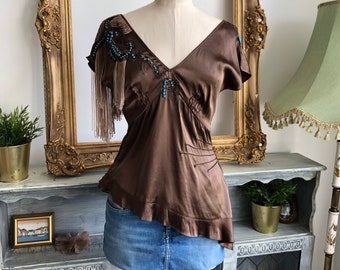 90s vintage brown real silk satin blouse from Karen Millen sz 38