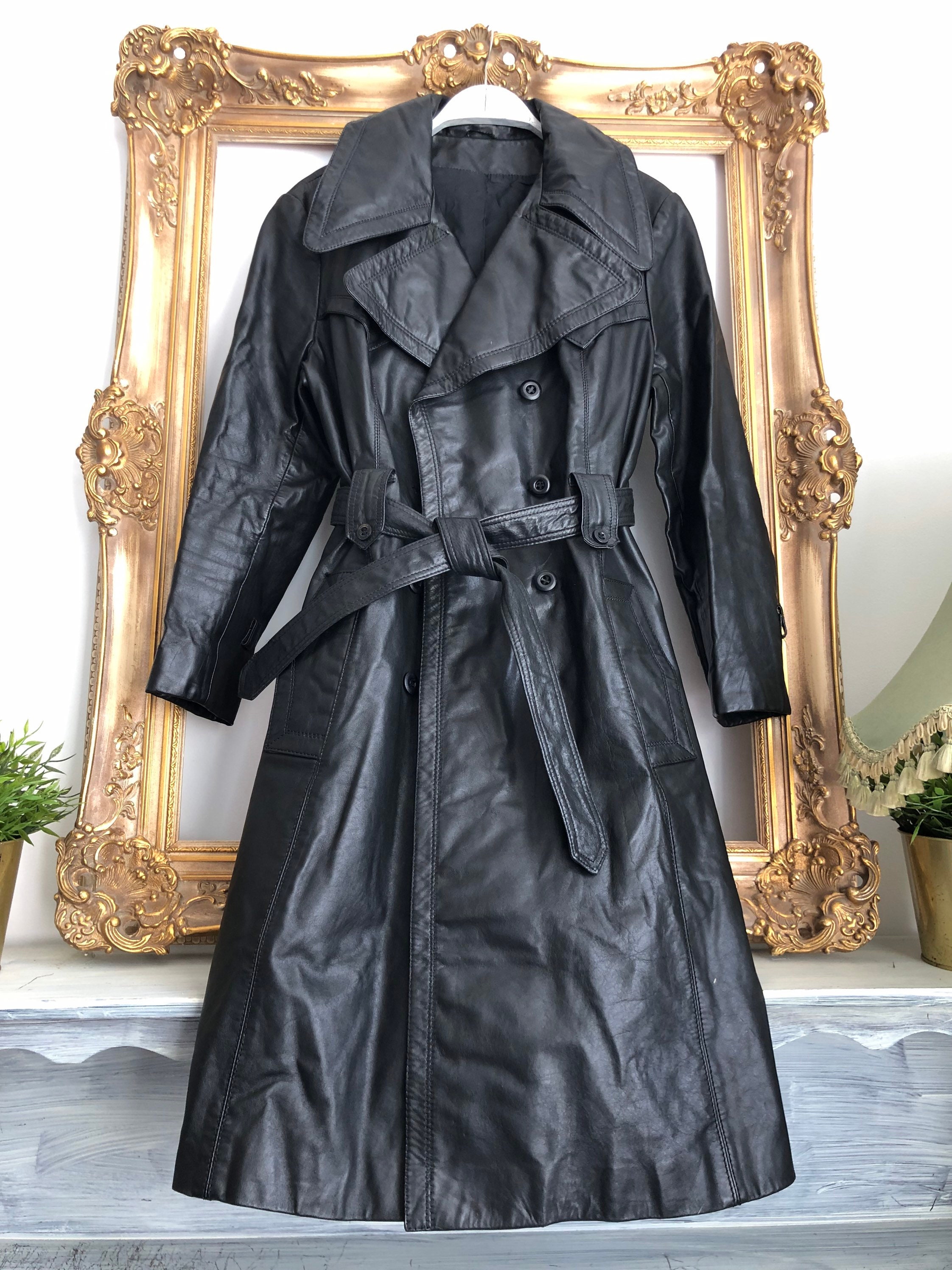 90s Vintage Real Leather Trench Coat Calf Nappa Sz 44 Black 