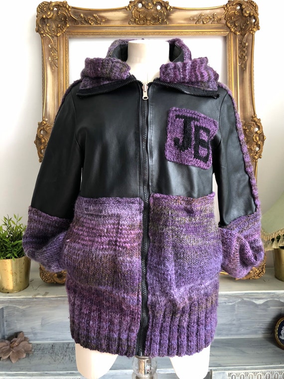 Y2K vintage jacket/cardigan JB genuine leather patches hooded B purple knitwear