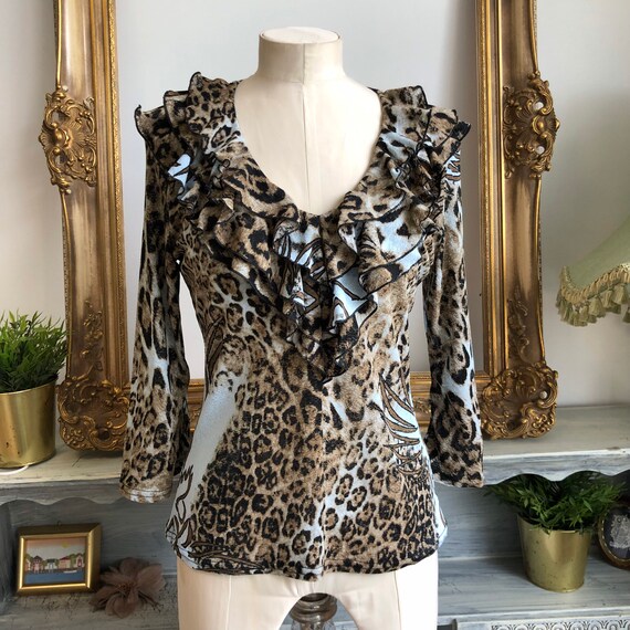 90年代のヴィンテージブラウス Vera Finzzi Paris ヒョウ柄とウィング 