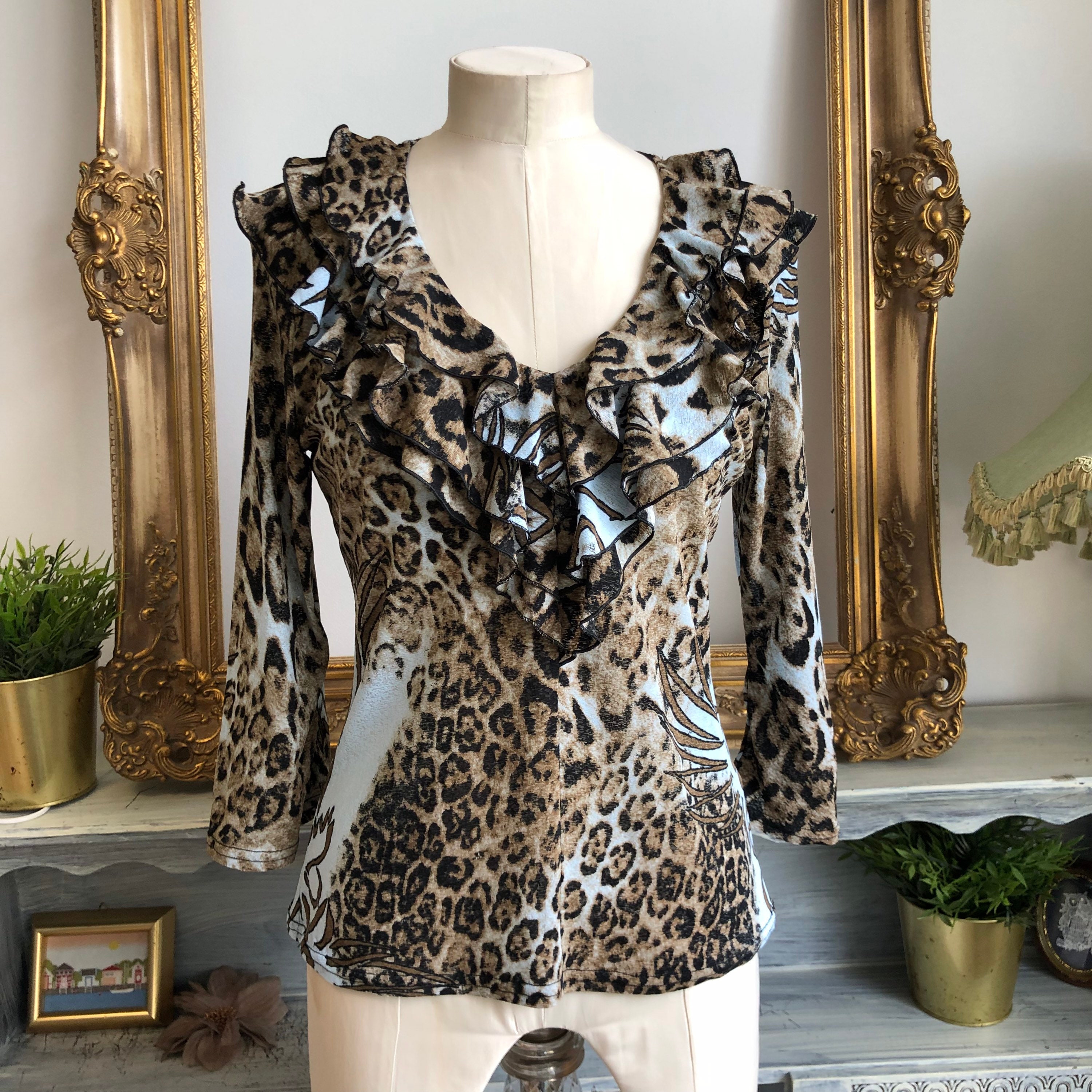 90s Vintage Blouse Vera Finzzi Paris Leopard and Wing Prints