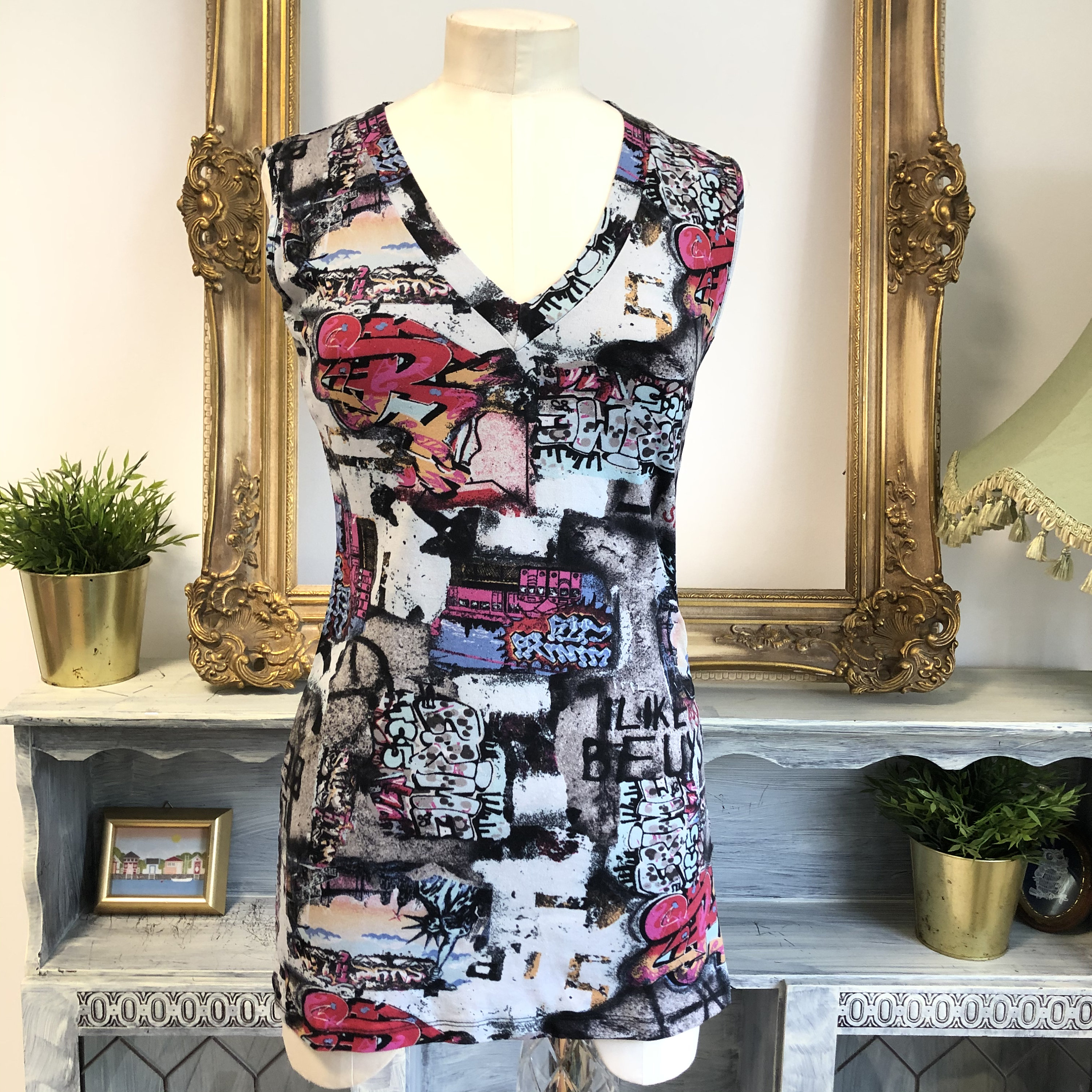 トップス 90s RUSH L/S cut sew made in USA X:S Clothing Vintage Graphic Ruched Mock Zip Front Top S