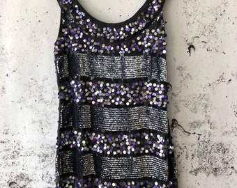 Vestido de fiesta con lentejuelas plateadas de River Island, minivestido galáctico metalizado con abundantes cuentas, vintage nuevo antiguo stock azul profundo galáctico metalizado
