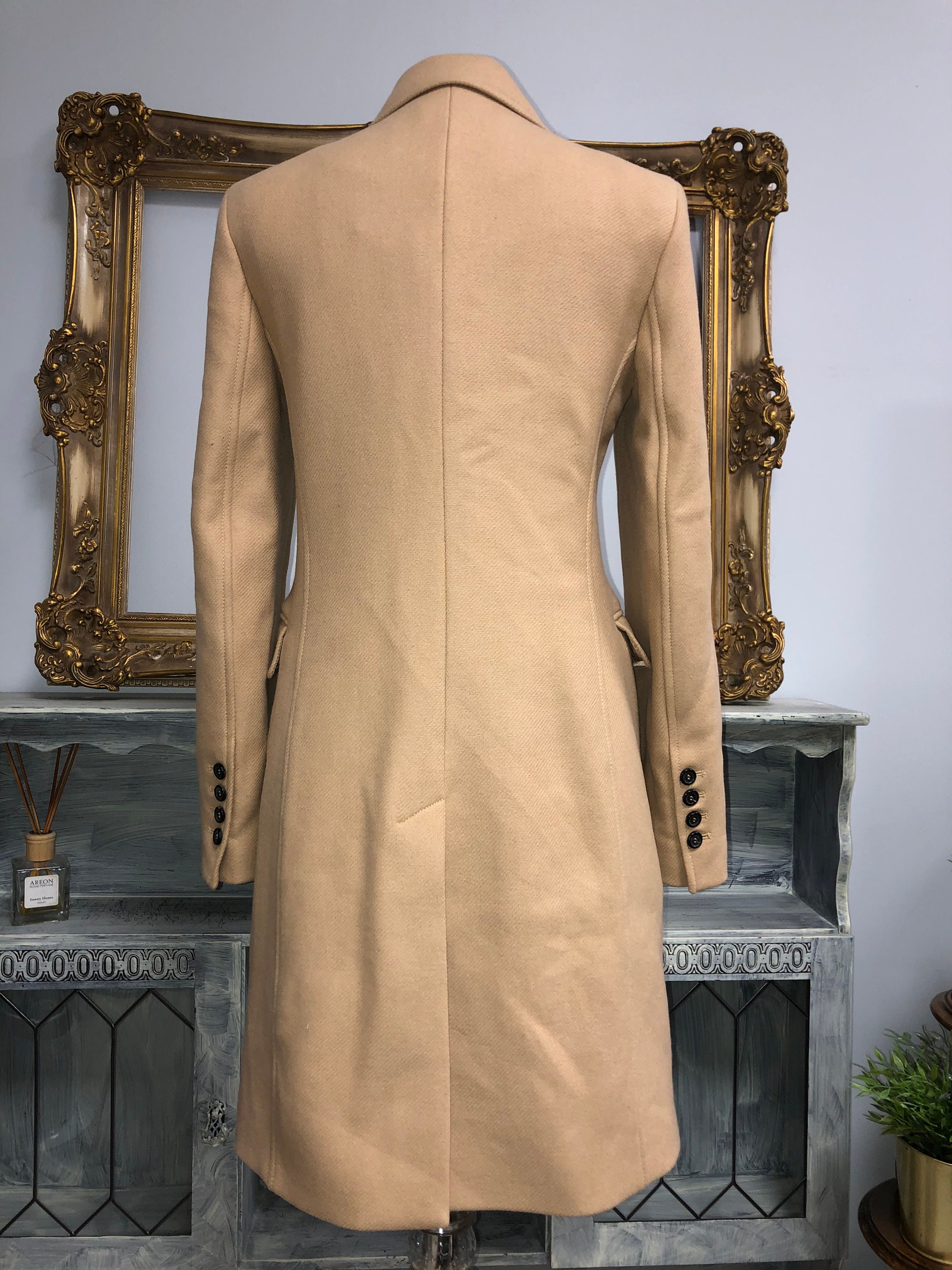 Zara Tan Beige Camel Manteco Wool Slim Fit Work Coat Long