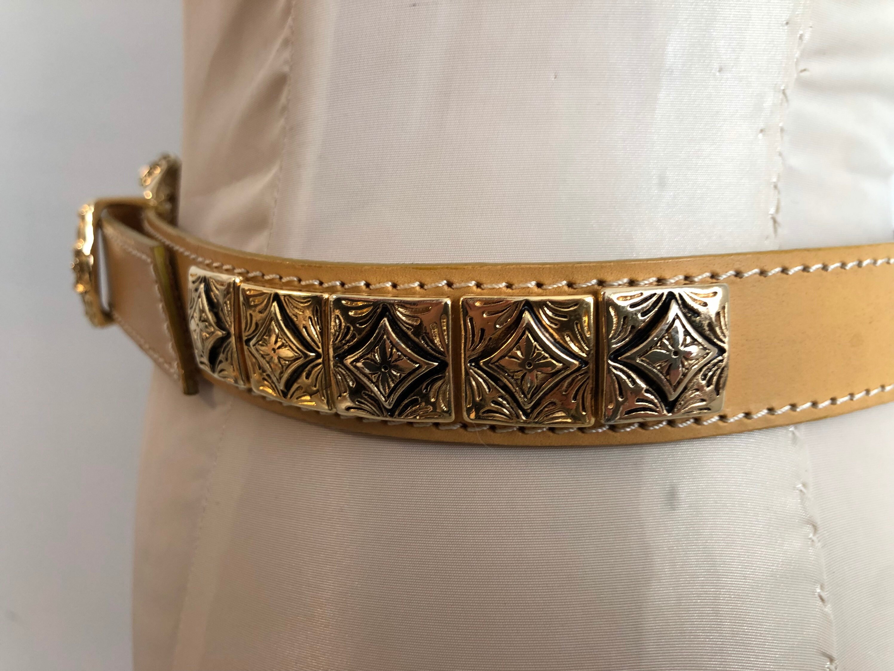 Vintage Yellow Leather Gold Coloured Metal Engraved Buckle  display picture 3