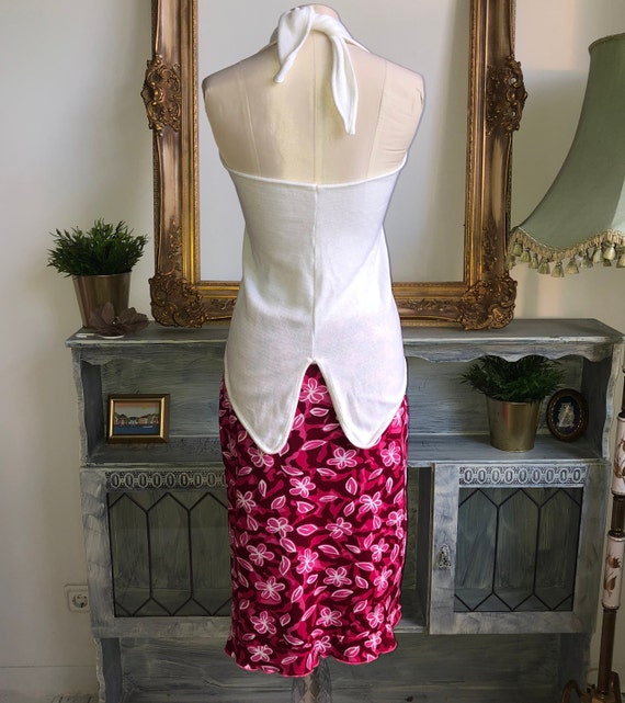 90s White Knit Quirky Top Asymmetric Hem Halter Neck Sz M