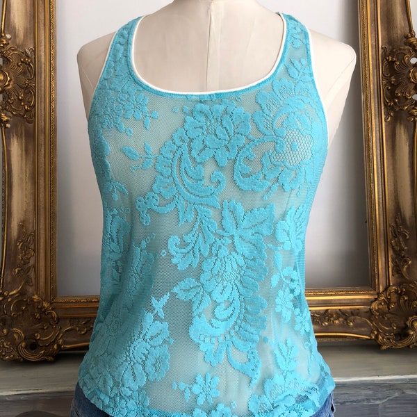 Y2K lace tank top from Victiria’s Secret sz S, blue lace tee, sheer lace cami, sea blue tank top, electric blue tshirt