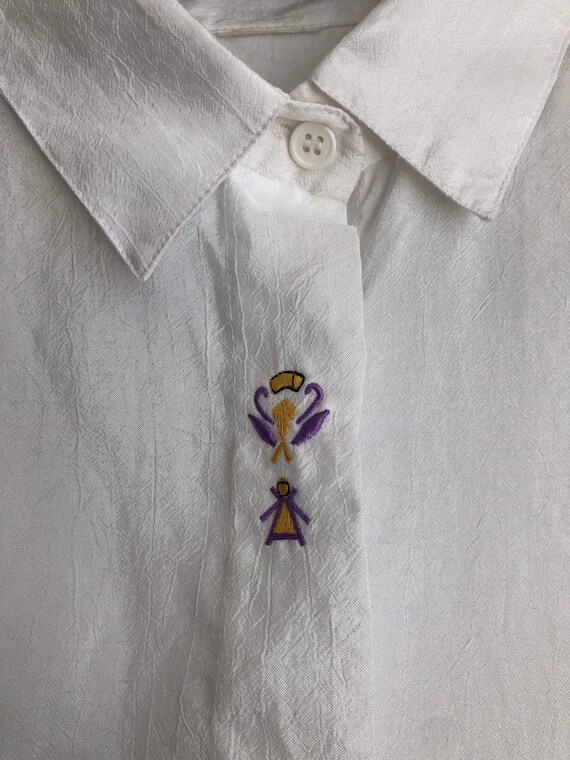 ヴィンテージ シルクシャツ 刺繍入り ホワイト 長袖シャツ