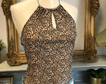 90-tals Y2K-tröja med leopardmönster och halterneck, storlek XS, crop top i mesh