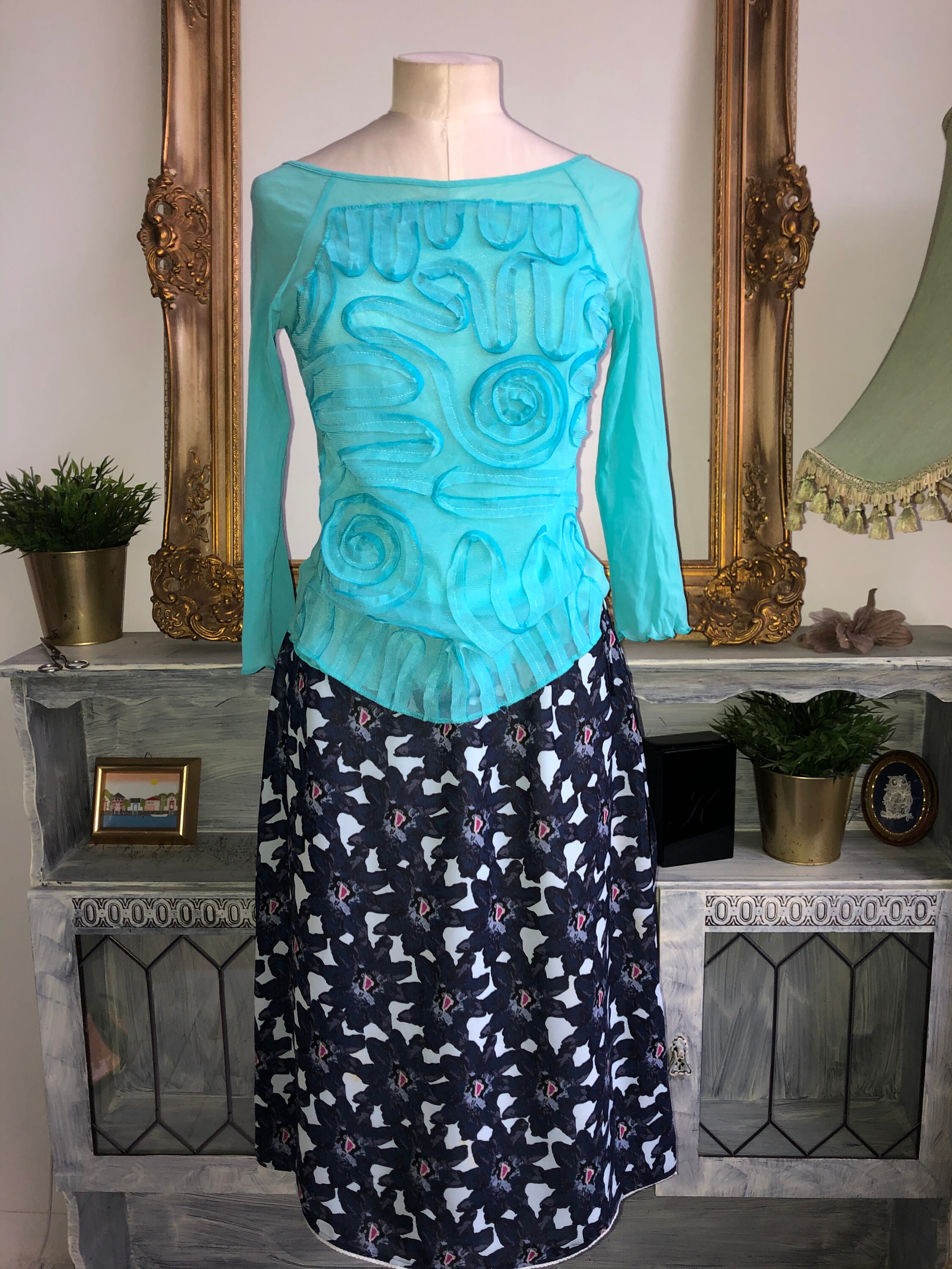 Vintage Sea Blue Mesh Sheer Top Sz M Sexy See Through Abstract